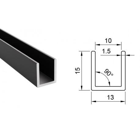 SVART U-PROFIL, 10MM GLAS